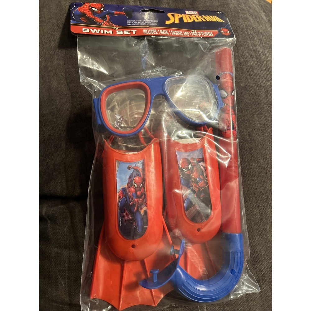 Marvel Spiderman Swim Set Mask Goggles Snorkel & Pair Of Flippers Ages 3+ Pool